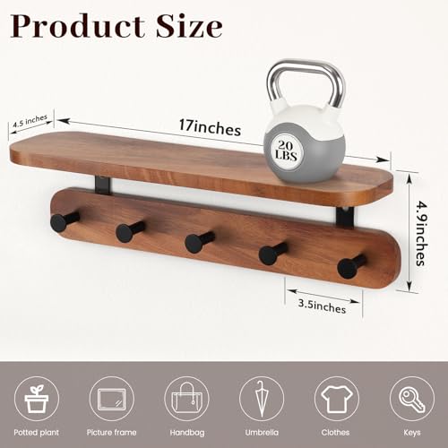 Coat Rack Wall Mount with Shelf, 17" Walnut Wood Wall Shelf with Hooks, Entryway Floating Shelves with 5 Metal Hangers for Coats, Backpacks, Living Room, Bedroom, Bathroom