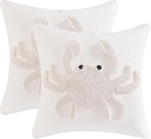 Embroidered Throw Pillow Covers 18x18 Pack of 2 Beige Crab | Durable Fabric,Ocean-Themed,Decorative Pillow Covers,Boho Decor,Hidden Zipper,Aesthetic Design,Ideal Gift,Machine Washable - color: Beige Crab