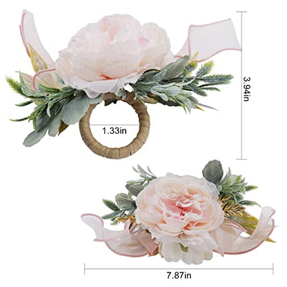 Flower Rose Napkin Rings Set of 4, Handmade Napkin Ring Holders Handcrafts Plant with Leaves Napkin Rings for Thanksgiving Day, Weddings, Family Dinners,Parties or Napkins (Pink Rose) - style: Pink rose