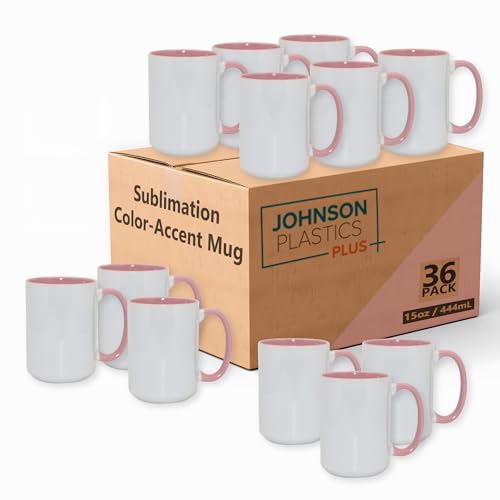 JPPlus 15oz Sublimation Mugs with Colored Handles & Interiors | Tazas para Sublimar, Bulk Mugs for Custom Designs & Branding | White Mugs Set of 12 or Case of 36- Pink (36) - color: Pink