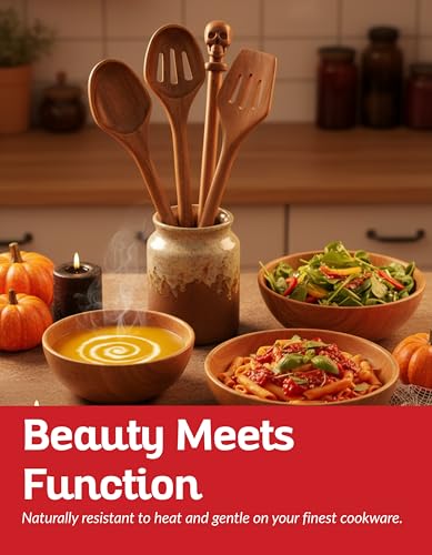 Acacia Wood Cooking Utensil Set with Skull Handles – 4-Piece FSC Certified Acacia Wood Kitchen Tools, Eco-Friendly Nonstick Safe Cooking Utensils (Spatula, Spoon, Slotted Turner, Slotted Spoon) - color: Acacia Signature Skull Set