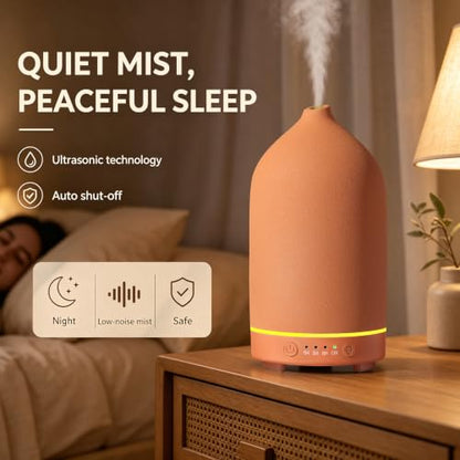200ML Ceramic Essential Oil Diffuser for Home, Stone Diffuser | Ultrasonic Aromatherapy Diffuser & Air Humidifier for Bedroom, Office, Yoga, 7 LED Lights, Auto Shut-Off, 3 Timers, Brown - color: Brown