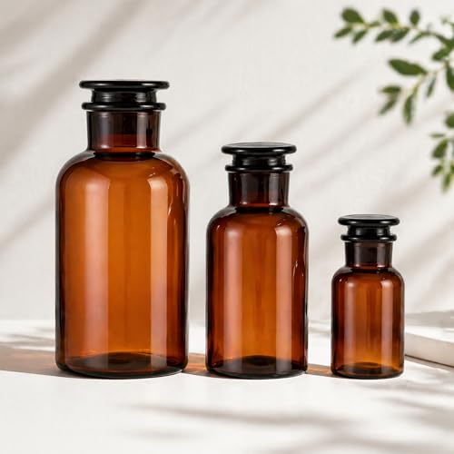3 Pcs 4 oz 17oz 34 oz Amber Glass Reagent Bottles Vintage Botany Apothecary Jars Pharmacy Brown Wide Mouth Glass Storage Bottle with Ground Stopper for Lab Pharmacy Home - size: 34oz,17oz,4oz