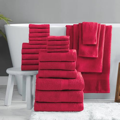 24-Piece Set of Towels, Lightweight 380 GSM Cotton Towels, Quick Drying, Absorbent Hand Towels, Fingertip Towels, Bath Towels, & Washcloths, Red - color: Red