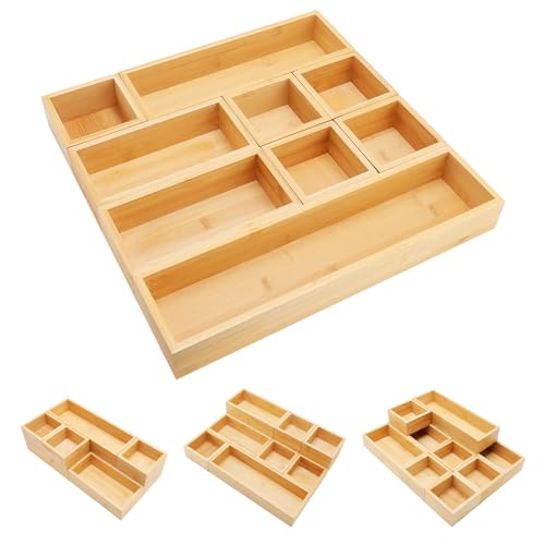 MapleGrace Bamboo Drawer Organizer Set, 9 PCS Wood Storage Organizers | Multi-Use Junk Drawer Divider, Storage Trays Containers for Kitchen, Bathroom, Office Desk, Makeup, Jewelry, Utensils - size: 9