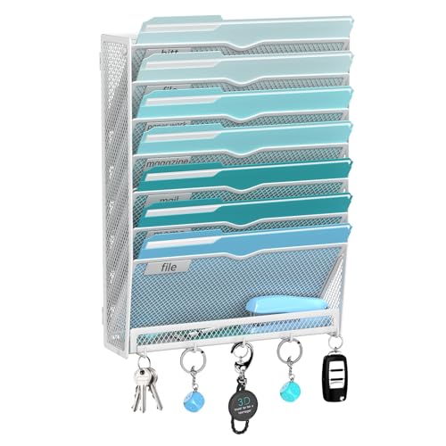 8-Tier Wall File Organizer and Mail Organizer with 5 Hooks, White | Label slots, curved openings, 5 key hooks, and a bottom tray support organized mail, file, and everyday item storage. - color: White, size: 8 Tier