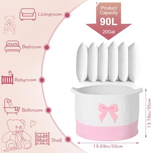 LemonRoad Pink Bow Extra Large Cotton Rope Basket 20"x14", Embroidered Woven Baby Laundry Blanket Basket Box with Handle Storage, Blanket Storage for Living Nursery Pillows Laundry Baby Toy Chest - style: Bow