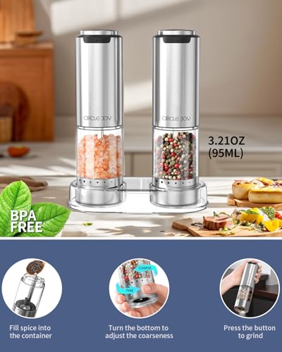 CIRCLE JOY Rechargeable Electric Salt and Pepper Grinder Set with Base, Stainless Steel Pepper Mills with 95ml Container, White LED Light and External Adjustable Coarseness, Silver - color: Rechargeable Set with Base