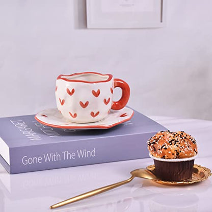 Koythin 10oz Irregular Ceramic Mug With Saucer, Red Heart Latte Tea Cup | 300ml Creative Heart Cup, Dual Safe Ceramic; Home Office Use, Lovely Women Gift - color: Red Heart