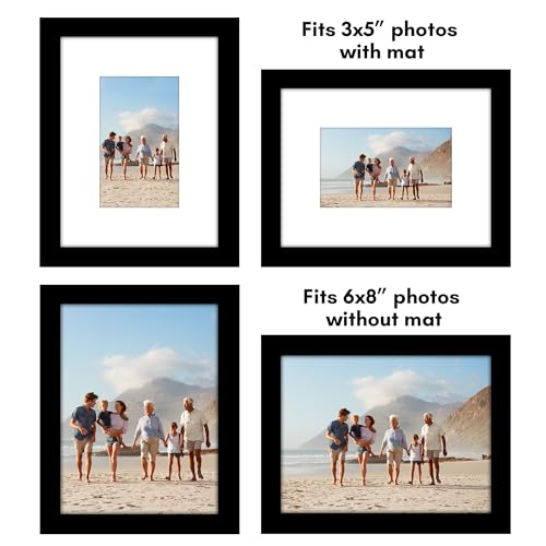 Americanflat 6x8 Picture Frame 2-Pack - Matted to 3x5 - Black | Slim Molding construction, Polished plexiglass front, wall or tabletop display with included easel, triangle hangers included - color: Black, size: 6x8