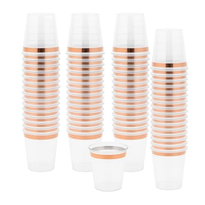 Mandala Crafts Disposable Clear Rose Gold Rim 1oz Plastic Shot Glasses | Recyclable, Bulk 120 PCs Clear Mini Cups for Parties, Whiskey & Wine Tastings, Condiments, Desserts, Samples & Crafts - color: Rose Gold Rim, size: 1 Ounces