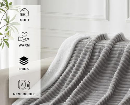 520GSM Sherpa Fleece Throw Blanket, Heavyweight Double Layer Striped Plush Blanket for Couch Sofa Bed, Soft Warm Reversible Fuzzy Flannel Throw, Oeko-TEX Certified, 50x60 Inches, Grey