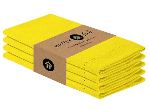 Native Fab Yellow Easter Cloth Napkins - Set of 4 (18x18) 100% Cotton - Elegant Hemstitched Table Linens - Soft, Washable, Reusable Fabric Napkins for Wedding, Lunch, Tea Party, Spring, Lemon Yellow - color: Lemon Yellow, size: 18" x 18" (Set of 4)