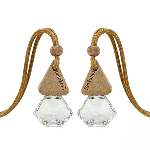 2-Pack Rhombus Refillable Hanging Car Diffuser Empty Glass Bottle | Wood cap hanging aroma pendant with dropper, holds essential oils for car home closet office - size: Rhombus - 2PCS