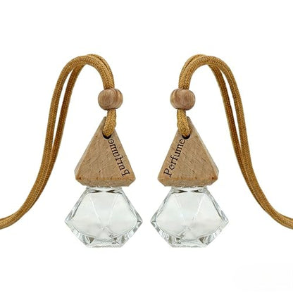 2-Pack Rhombus Refillable Hanging Car Diffuser Empty Glass Bottle | Wood cap hanging aroma pendant with dropper, holds essential oils for car home closet office - size: Rhombus - 2PCS