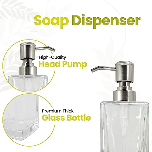 Square Glass Clear Lotion and Soap Pump Dispenser Set with Metal Stand Caddy for Bathroom Bath Kitchen Home Office Travel Hotel Hand Crafted Heavy Weight Nickel - color: Nickel