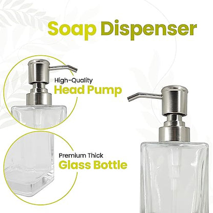 Square Glass Clear Lotion and Soap Pump Dispenser Set with Metal Stand Caddy for Bathroom Bath Kitchen Home Office Travel Hotel Hand Crafted Heavy Weight Nickel - color: Nickel
