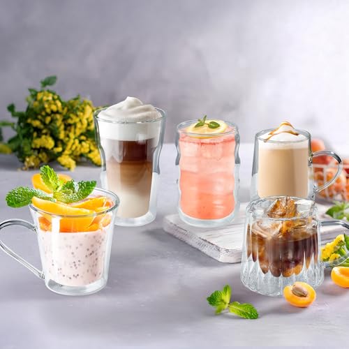 Joeyan Double Walled Glass Coffee Mugs,Latte Cappuccino Tea Cups with Handle,Insulated Borosilicate Espresso Shot Cups,Glass Milk Creamer Pitcher Frothing Cup Hot Beverage Glassware,8.5 oz,Set of 2 - color: 8.5 oz Double Walled Glass Coffee Mugs
