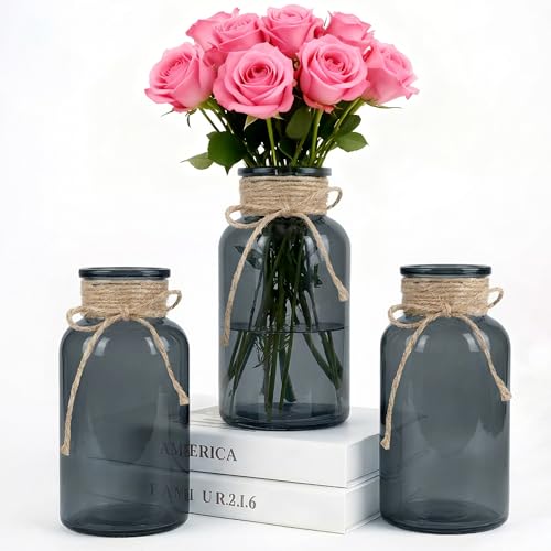 3 Pack Mason Jar Vases for Centerpieces, Black Glass Flower Vase | Vintage Farmhouse Rustic Decorative Jars for Wedding Party Baby Shower Table Decor, Wide Mouth Mason Jars with Twine Bulk - color: Black