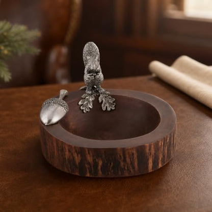 Standing Squirrel Nut Bowl with Pewter Acorn Scoop - Whimsical Mango Wood Dish for Serving Nuts - 8 Inch Diameter