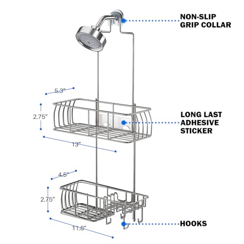 Epicano Shower Caddy Hanging Over Head, Chrome,Stainless Steel | Rustproof,4 Hooks for Towels,Sponge and & Bathroom Accessories,Anti-Swing Suction Cups & Adhesive hooks - color: Silver