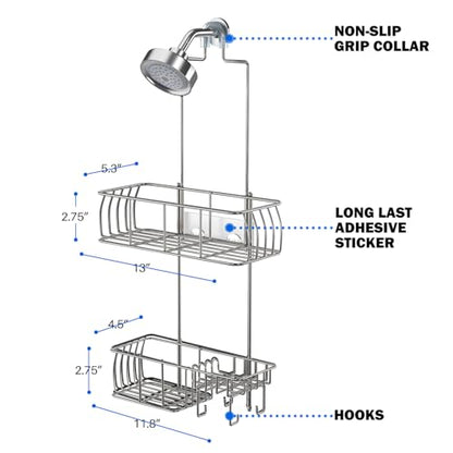 Epicano Shower Caddy Hanging Over Head, Chrome,Stainless Steel | Rustproof,4 Hooks for Towels,Sponge and & Bathroom Accessories,Anti-Swing Suction Cups & Adhesive hooks - color: Silver