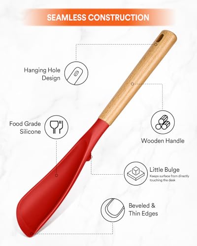 Multifunction Spoon for Nonstick Cookwares, Great for Cooking and Serving, Sturdy BPA-Free Matte Silicone, Wood Handle spoonula for Mixing, Scoop, and Scrape, Red(2 pack,11.4" & 13.4") - color: Red