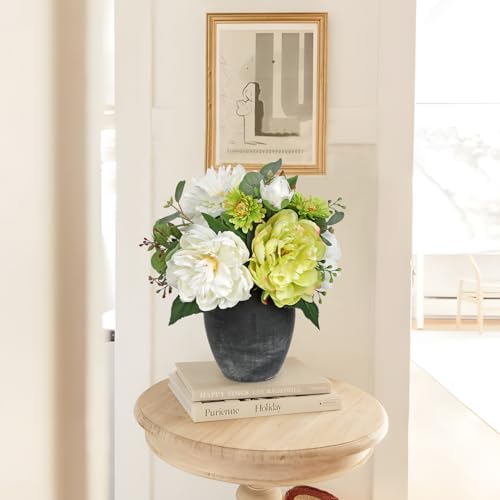 Fake Flowers in Vase Faux Floral Arrangements Centerpiece Artificial Flowers with Vase Spring Flower Centerpieces for Tables White Silk Flowers Arrangement in Vase - color: White Green