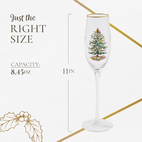 Spode Christmas Tree Gold 8.5oz Champagne Flutes (Set of 4) - Gold Rimmed Glasses, Festive Holiday Drinkware for Christmas Dinner, Wedding Gifts - Classic Holiday Glassware for Wine & Minosas - style: Champagne Flutes