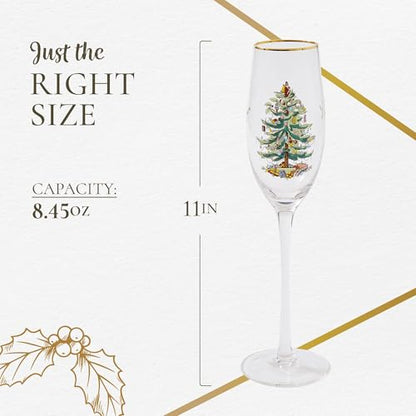 Spode Christmas Tree Gold 8.5oz Champagne Flutes (Set of 4) - Gold Rimmed Glasses, Festive Holiday Drinkware for Christmas Dinner, Wedding Gifts - Classic Holiday Glassware for Wine & Minosas - style: Champagne Flutes
