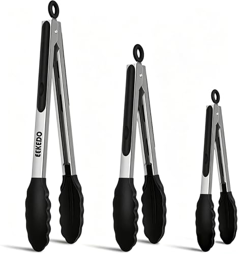 Kitchen Tongs with Silicone Tips, Tongs for Cooking 7", 9" & 12" | 600°F Heat-Resistant, Dishwasher Safe, Non-Scratch, Locking Mechanism, Safe for Non-Stick Pans BBQ Grilling Air Fryer Black - color: Black, size: 7 + 9 + 12 inches