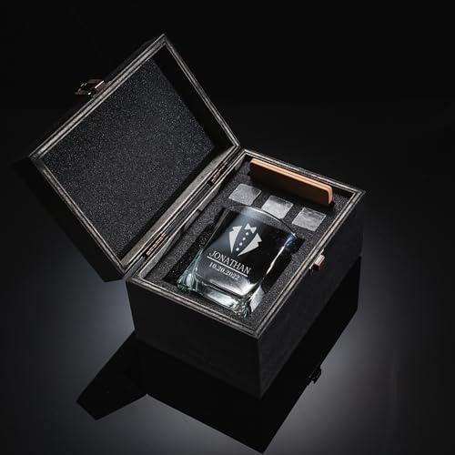 Personalized Whiskey Glass Gift Set – 10.25 oz Engraved 1 Bourbon Glass & 3 Stones & 1 Wooden Coaster with Wooden Box,Old Fashioned Cocktail Glass, Groomsmen & Father’s Day Gift.
