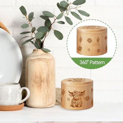 Bamboo Salt Cellar With Swivel Lid Highland Cow Salt Container Built-In Spoon And Magnetic Clasp Ideal For Salt, Sea Salt, Pepper, Sugar And Spices