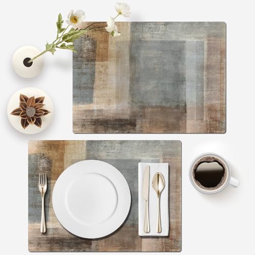 Mcalk Brown Table Runner and Placemats Set of 6, Abstract Grey Placemats, Modern Art Cloth Place Mats Indoor for Kitchen,Washable Linen Material for Dining Table - color: 01brown2