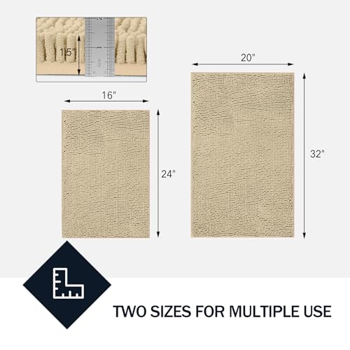 LINLA Bathroom Rugs Sets 2 Piece, Absorbent Soft Chenille Bath Mat, Beige | Non-Slip ,Quick Dry, Washable, Carpet Mats for Floor, Tub and Shower,32" x 20"/24" x 17" - color: Beige