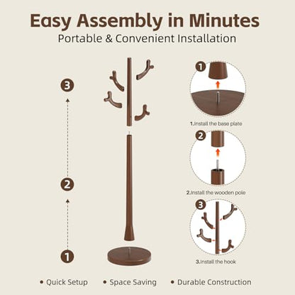 Uniclinens Coat Rack Freestanding Solid Wood Coat Tree Standing with 4 Hooks, Coat Rack Stand Creative Tree Branch-look (Walnut) - color: Walnut-2, size: Coat Tree