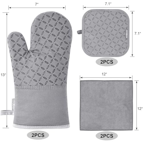 KEGOUU Oven Mitts and Pot Holders 6pcs Set, Kitchen Oven Glove High Heat Resistant 500 Degree Extra Long Oven Mitts and Potholder with Non-Slip Silicone Surface for Cooking (Light Gary) - color: Light Gary