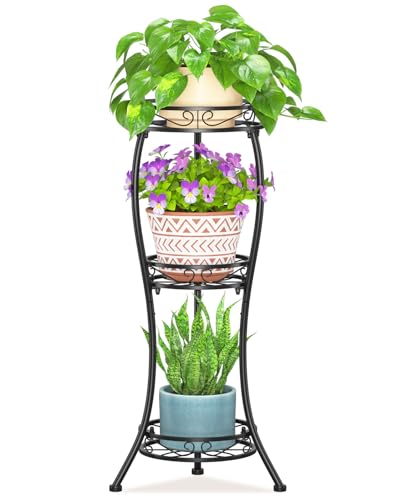 LASZOLA 3 Tiers Metal Corner Plant Flower Stand Tall Indoor Outdoor, Black | Heavy Duty Small Holder Shelf for Multiple Plants, Vintage 30 Inch High for Patio Office, Modern Sturdy Vertical Iron Rack - color: Classic Black, size: 3 Tier