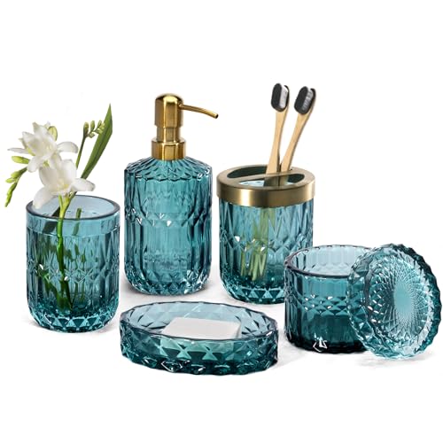 EMPO 6PCS Bathroom Clear Glass Accessories Set (Lotion Soap Dispenser, Soap Dish, Toothbrush Holder, Tumbler, Cotton Swab Jar), Contemporary Modern Decor Crystal Vintage Gift (6pcs Ocean Teal Blue) - style: 6pcs Ocean Teal