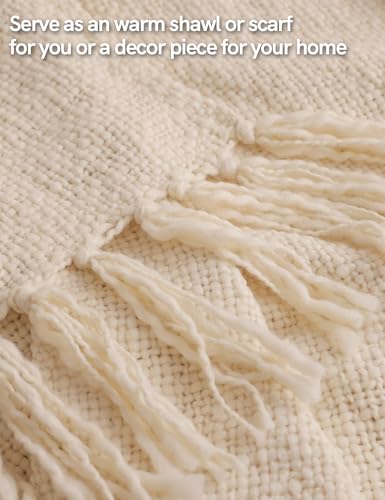 YnM Basketweave Knit Throw, Solid Neutral Vibe Textured Blanket with Tassel for Home Decor, 50 x 60 in, Cream