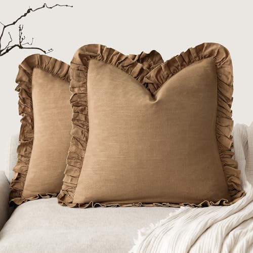 Foindtower Set of 2 Decorative Soild Fringe Ruffle Throw Pillow Covers Soft Boho Farmhouse Cushion Cover Cozy Accent Retro Pillowcase for Couch Sofa Bed Living Room Home Decor,18×18 Inch,Orange Brown - color: Hazel, size: 18" x 18" (Pack of 2)