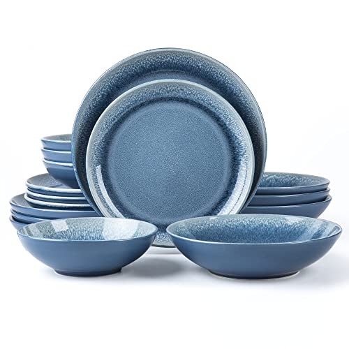 Arora FAIT Round Stoneware 16pc Double Bowl Dinnerware Set for 4, Dinner Plates, Side Plates, Cereal Bowls, Pasta Bowls - Reactive Glaze Blue (449322) - color: Blue-Cereal/Pasta Bowl, style: Round-Service for 4(16pcs)