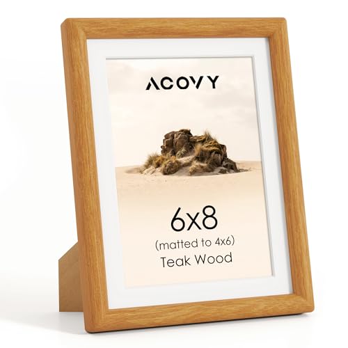 Acovy 6x8 Picture Frame, Natural Solid Teak Wood 6"x8" Photo Frame for Wall, Handcrafted Wooden Frame 6 x 8 Matted to 5x7, High Definition Tempered Glass, Wall Hook Included, Natural Teak - color: Teak, size: 6"x8"