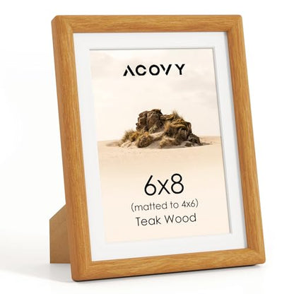 Acovy 6x8 Picture Frame, Natural Solid Teak Wood 6"x8" Photo Frame for Wall, Handcrafted Wooden Frame 6 x 8 Matted to 5x7, High Definition Tempered Glass, Wall Hook Included, Natural Teak - color: Teak, size: 6"x8"