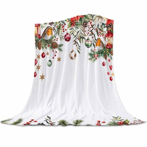 Christmas Throw Blanket, Poinsettia Balls Birds Berries Super Soft Warm Flannel Blankets for Bed Couch Sofa Xmas Winter Botanical Lightweight Fluffy Plush Bed Throws 50x60 Inch - color: White Red, size: 50''x60''