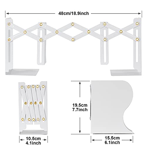 Adjustable Book Ends, Metal Iron Non Skid Boo kends, Expandable Bookcase Bookend Stand Holder Book Storage Rack, Heavy Bookends for Office Desk, Shelf, Stationery (White)