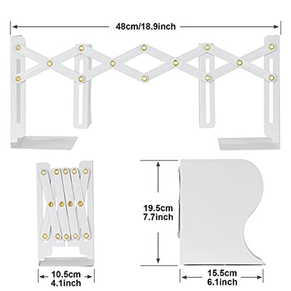 Adjustable Book Ends, Metal Iron Non Skid Boo kends, Expandable Bookcase Bookend Stand Holder Book Storage Rack, Heavy Bookends for Office Desk, Shelf, Stationery (White)