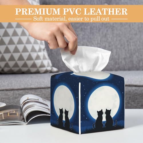 Tissue Box Cover,Black Cat at Night Sky Tissue Box Holder Waterproof Leather Facial Paper Organizer Dispenser for Bathroom Home Car Nightstand Vanity - color: Black Cat at Night Sky