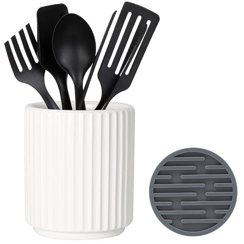 Small Utensil Holder for Kitchen Counter (H5.51” x W4.92”), Countertop Utensil Holder for Kitchen Ceramic, Utensils Crock for Countertop, Includes Silicone Drying Mat, White