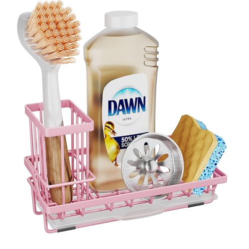SWTYMIKI Sink Caddy Sponge Holder - Kitchen Sink Organizer with High Brush Holder for Countertop to Hold Dish Soaps and Sponges, Stainless Steel, Pink - color: Pink, size: Medium